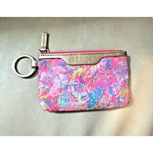 Lilly Pulitzer ID Case Zipper Wallet with Key Ring Pink Multicolor